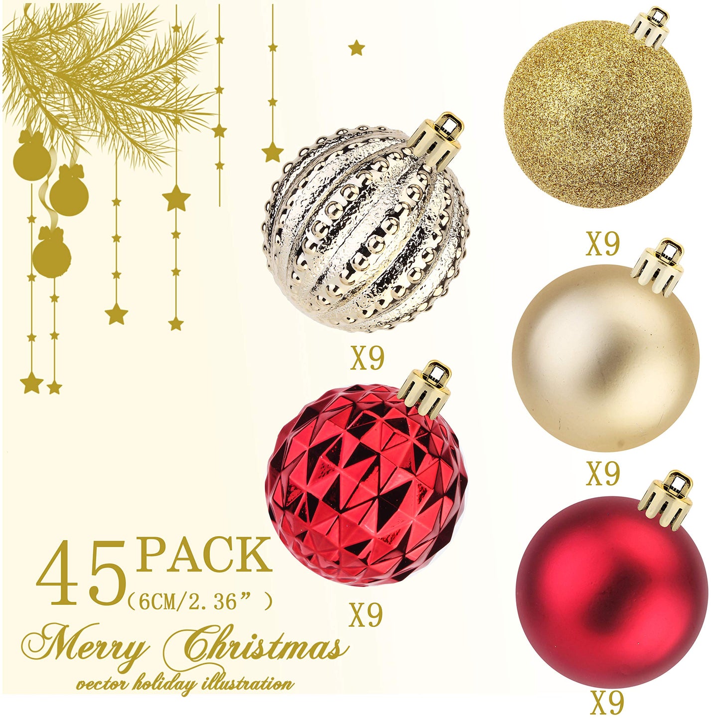 45Pcs 6cm/2.36inch Christmas Balls Glitter Christmas Tree Ornaments Hanging Christmas Home Decorations for Home House Bar Party（Red/Gold
