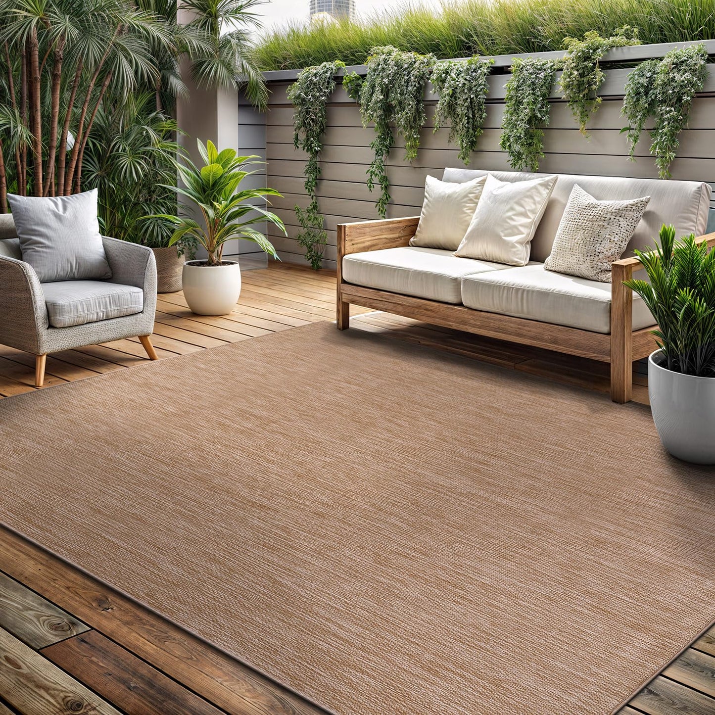 Washable Indoor Outdoor Rug 5x7 Weather Resistant Area Rugs Modern Solid Jute Rug for Porch Deck Balcony Backyard Patio Outside Carpet (5 X 7 Jute Beige)