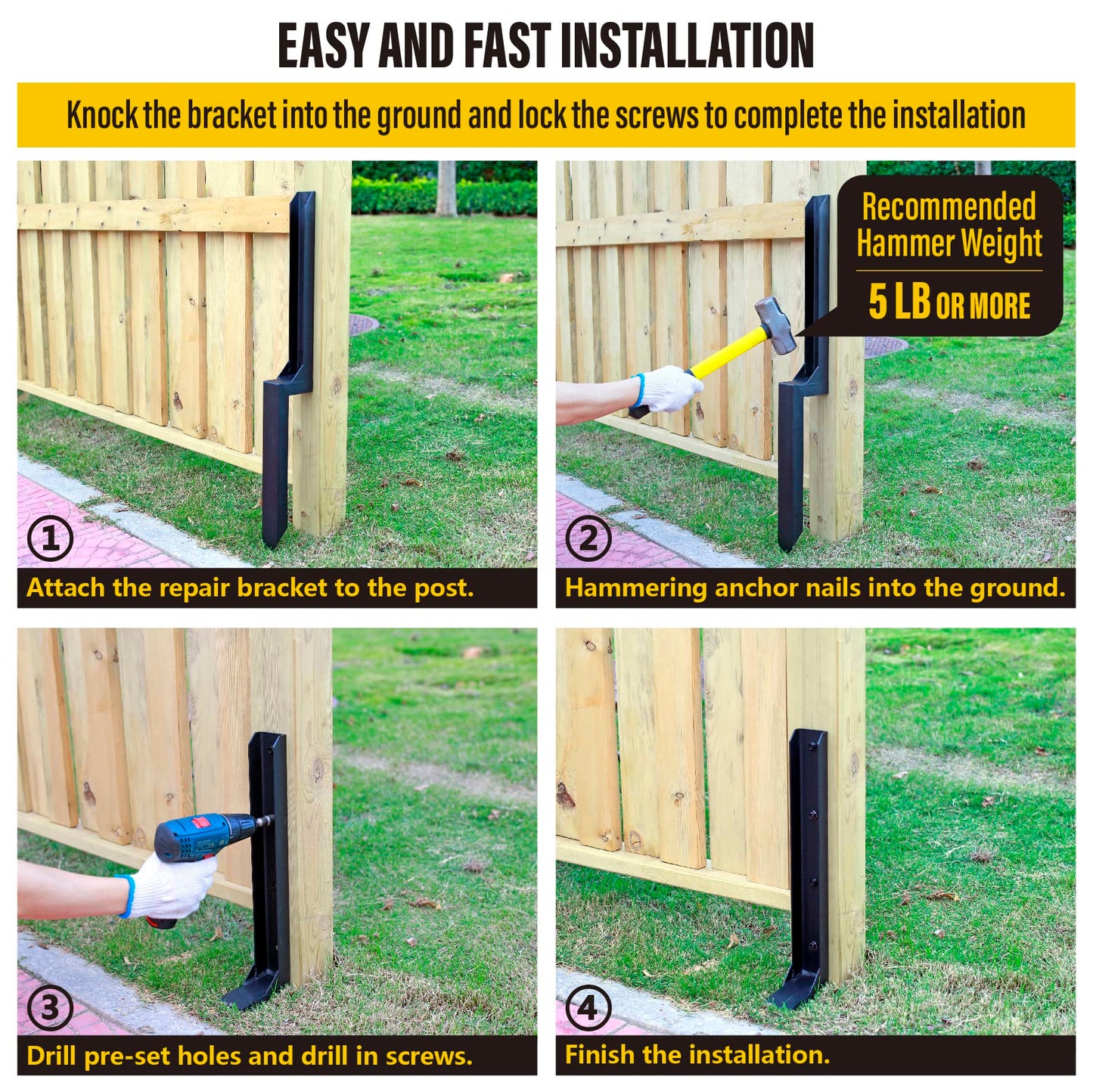 Epcee Heavy Duty Steel Fence Post Repair Stakes, Fence Post Anchor Ground Spike, for Repair Tilted/Broken Wood Fence Post (1 Pack/Black