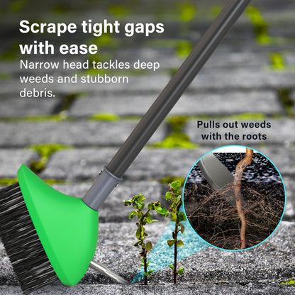 3 in 1 Telescopic Weed Remover Brush Wire Head Paving Decking Clean Scrub Moss Weed Remover Tool Wire Brush Scraper Set with Metal Broom & Weed Removal Head Green