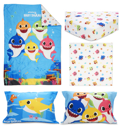 Baby Shark 4-Piece Toddler Bed Set including Super Soft Matching Sheets Set, Pillowcase, and Reversable Comforter For Boys and Girls - (Offical Product)