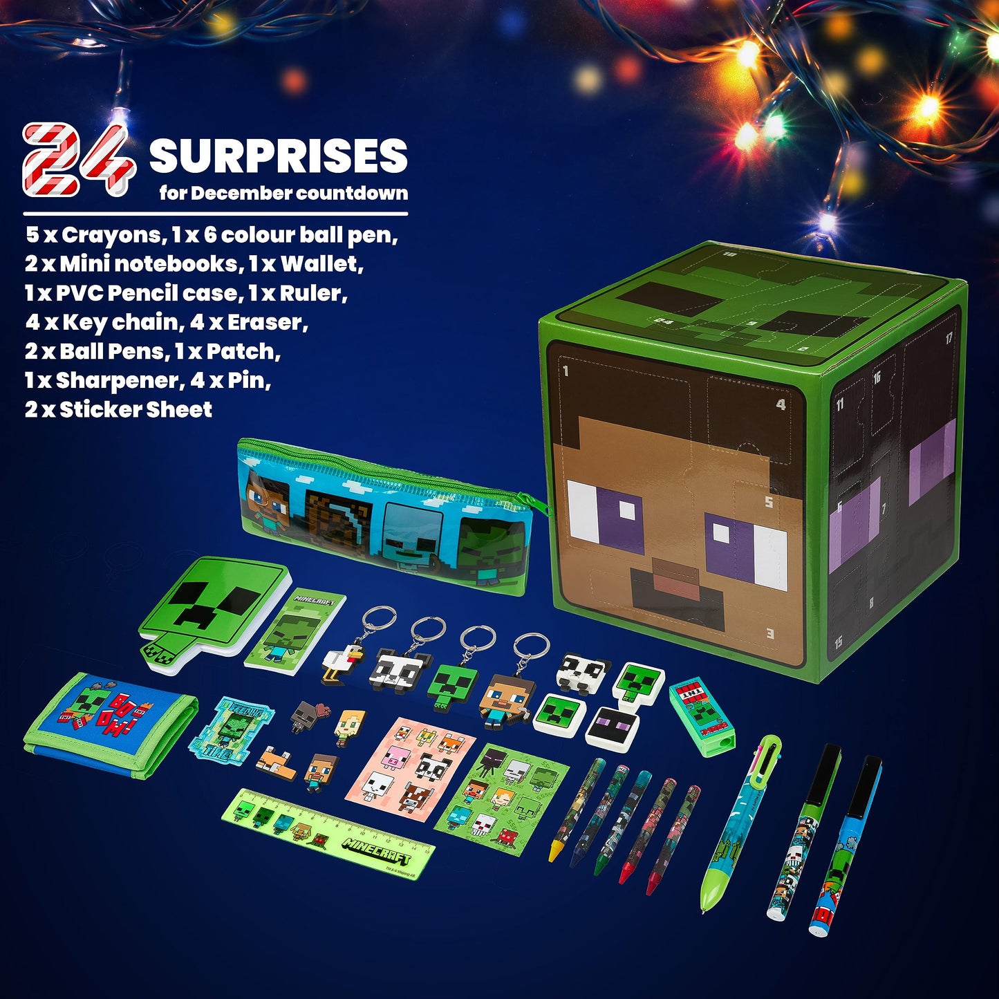 Minecraft Advent Calendar 2025 for Kids Teens, Creeper Stationery & Accessories Christmas Countdown Calendar, Pens Keyrings Gadgets, Gifts for Gamers (Green Cube)