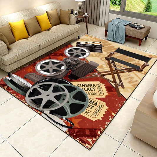 Home Theater Area Carpet, 4x6ft, Vintage Modern Film Media Room Washable Rug, Movie Clapboard Cinema Ticket Fade Resistant Mat, with Non Slip Backing Printed Carpets for Entryway