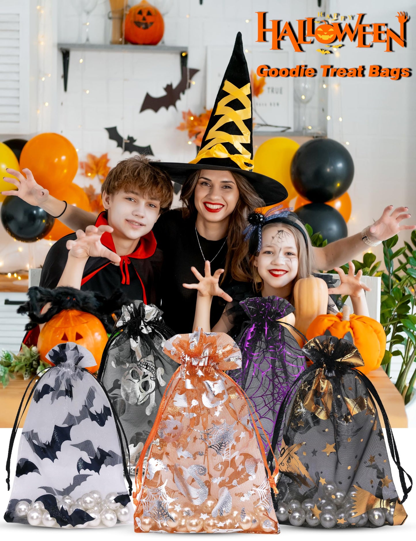 Jexila 100 Pack Halloween Organza Gift Bags with Drawstring 4''x6'' Small Halloween Goodie Candy Treat Bag for Kids Classroom Tick or Treat Party Favor