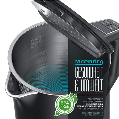 Arendo - Stainless Steel Kettle with Temperature Setting 40-100 Degrees in 5 Steps - Double Wall Design - Elegant Model - 1.5 Litre - 2200 W - Tea Maker with Temperature Display - GS - Black