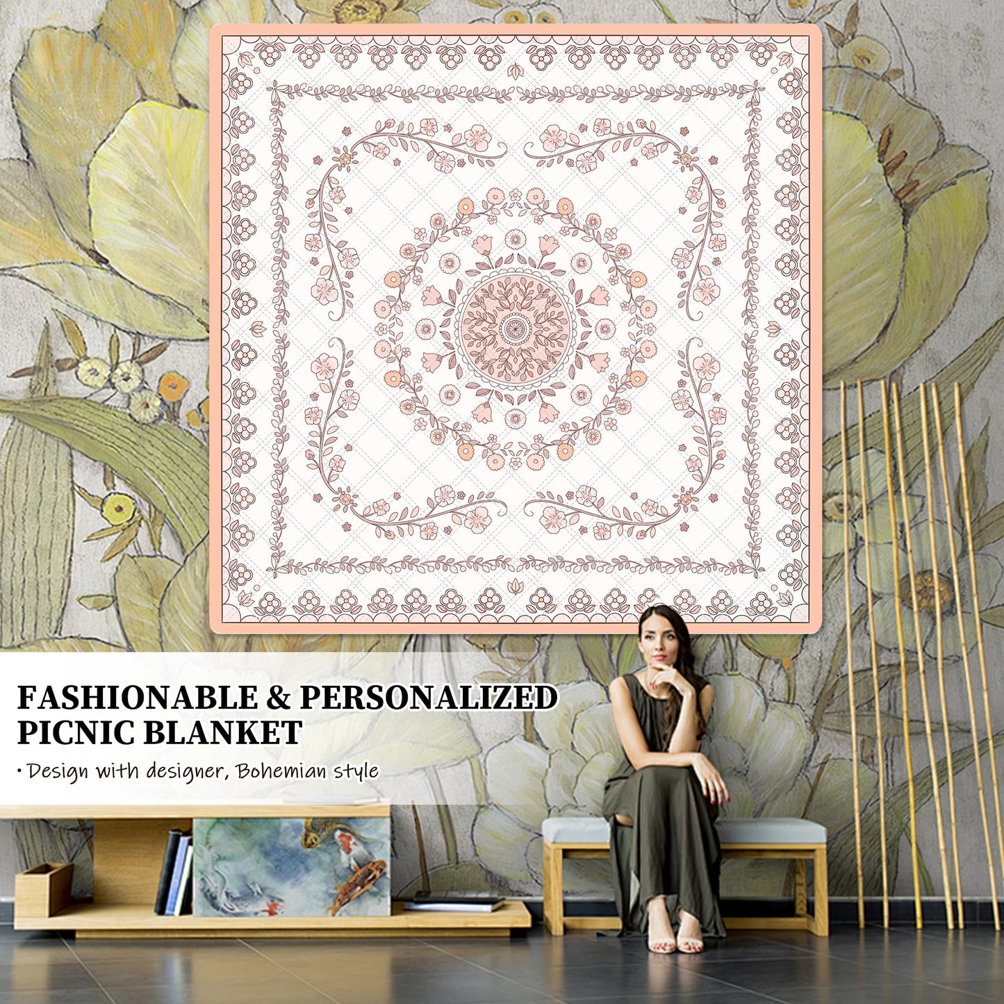 aoole Boho Picnic Mat, 79" x 79" Extra Large Outdoor Picnic Blanket, Washable Foldable Portable Blanket for Beach/Camping/Concerts