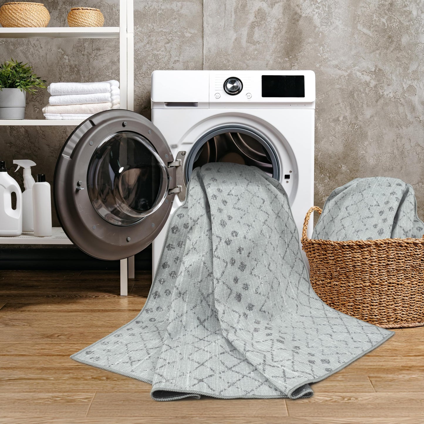 GLN Rugs Contemporary - Timgad - Machine Washable Runner Rug, Modern Washable, Non Slip, Low Pile Chenille Area Rug, Hallway, Bedroom, Kitchen Rug - Easy Clean (2'6" x 7' Gray 0166)