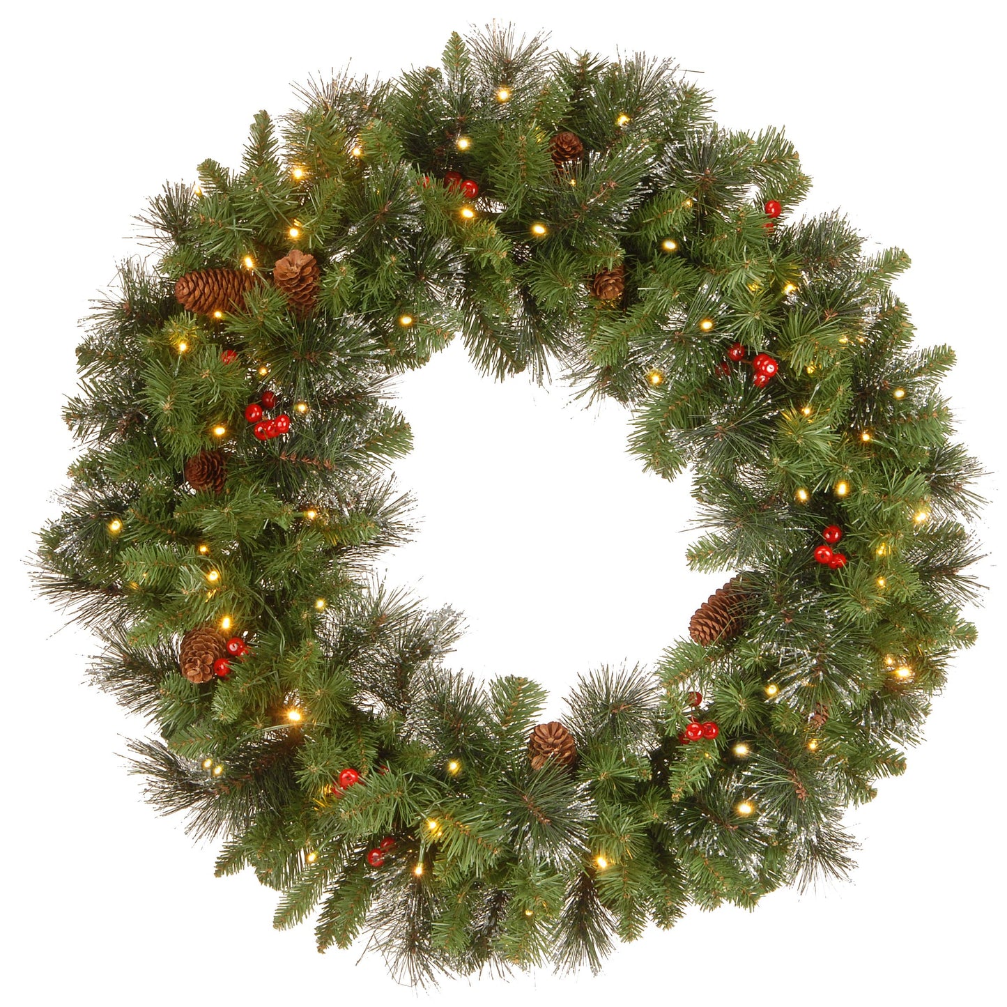 National Tree Company 30 in Pre-Lit Crestwood Spruce Artificial Christmas Wreath, Christmas Decoration with Glitter, Pinecones, Red Berries, 70 Clear Lights, 200 Tips, Green