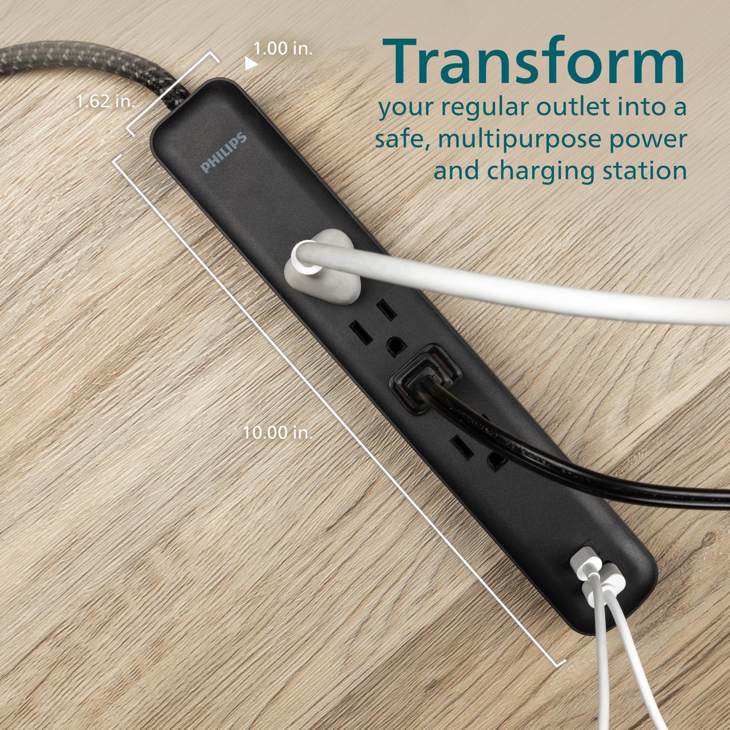 Philips 6 Outlet Power Strip Surge Protector, 6 Ft Power Cord, Designer Braided Extension Cord, Flat Plug, Perfect for Office or Home Décor, 1080 Joules, White, SPC3054WA/37