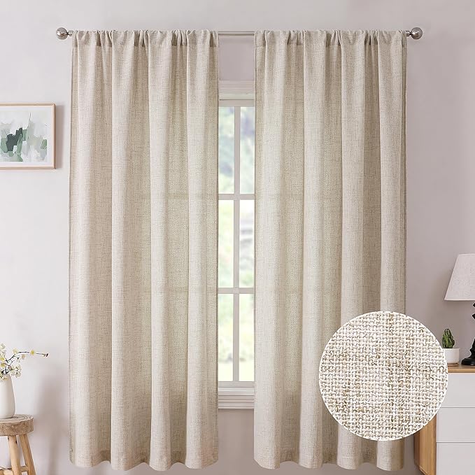 Tollpiz Short Linen Curtain Bedroom Rod Pocket Semi Sheer Curtains Burlap Light Filtering Thick Linen Drape for Living Room, 38 x 54 inches Long, Natural, Set of 2 Panels