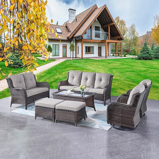 Rilyson Wicker Patio Furniture Set - 7 PC Rattan Outdoor Sectional Conversation Sets with 2 Rocking Swivel Chairs,2 Ottomans,1 Sofa,1 Loveseat and 1 Coffee Table for Porch Deck(Brown/Grey)