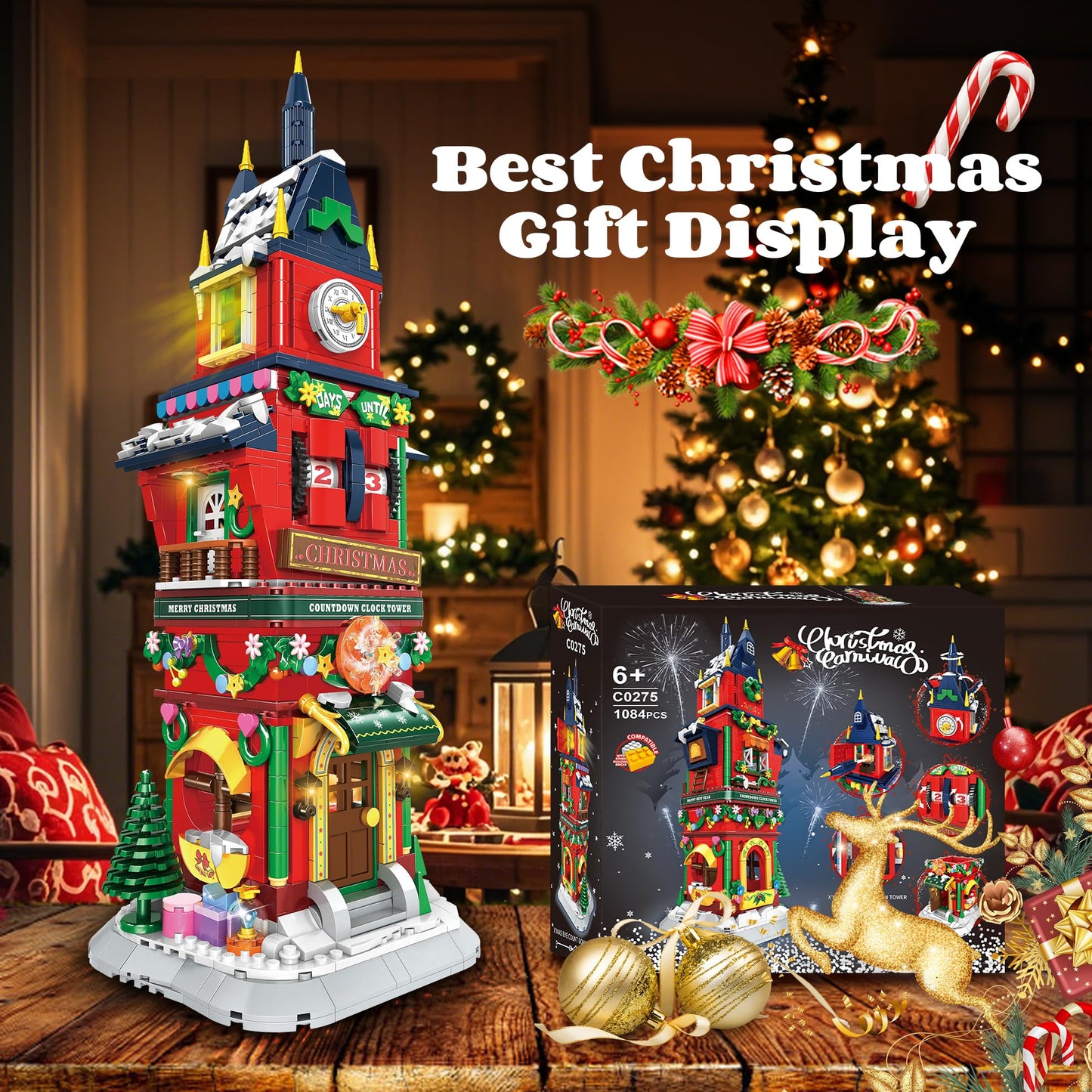Christmas Countdown Tower House Building Toys - LED Light Christmas Village House Building Set with Countdown Clock, Festival Model Gift Idea for Kids 6+