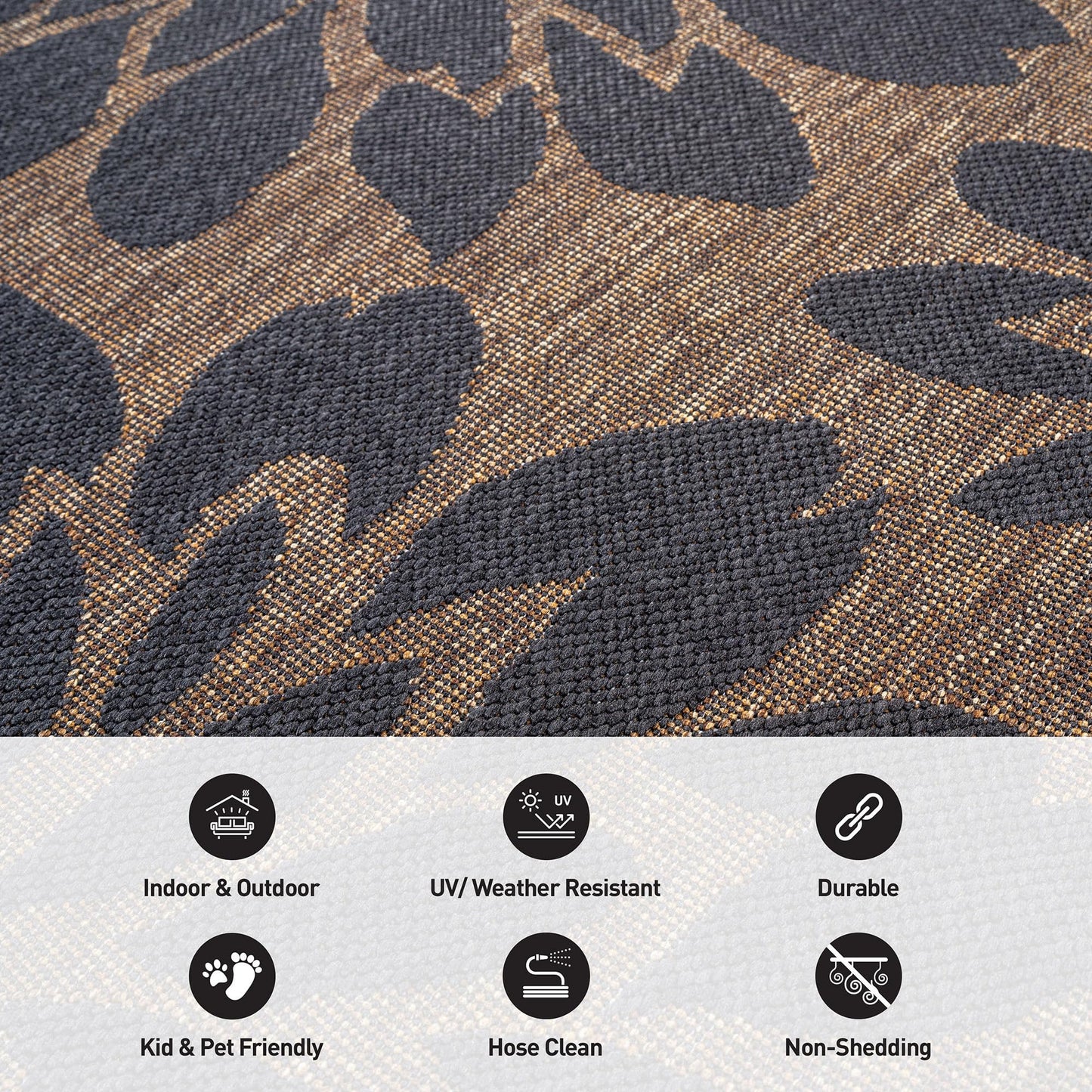Rugshop Floral Indoor Outdoor Flat Woven Area Rug,Natural Jute-Style,Easy-Care Patio Rug for Backyard Porch Deck Balcony, 6'6" x 9' Dark Gray/Natural