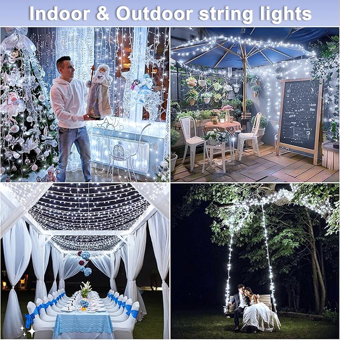 120 LED White Christmas Lights Outdoor, 40ft 8 Modes White Christmas String Lights Clear Wire, Plug in Waterproof Twinkle Fairy Lights for Indoor Outdoor Bedroom Wedding Tree Christmas Decorations