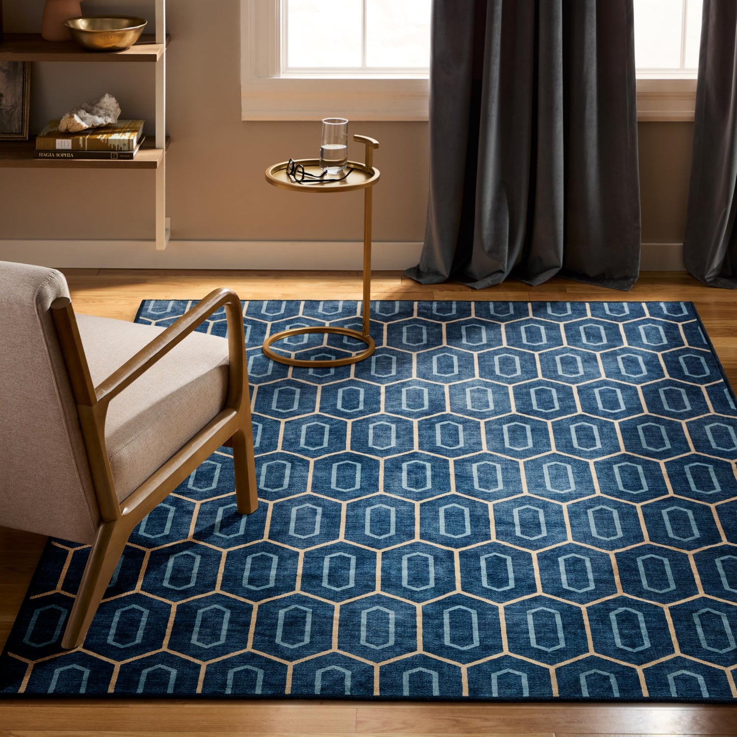 EVERWASH Haven Mod Geo Machine Washable Area Rug with Airflo Technology for Easy Clean, Ultra-Soft Pile, Built-in Rug Pad with Non-Slip Backing, Pet, Family & Allergy Friendly Rug, Blue, 8'x10'
