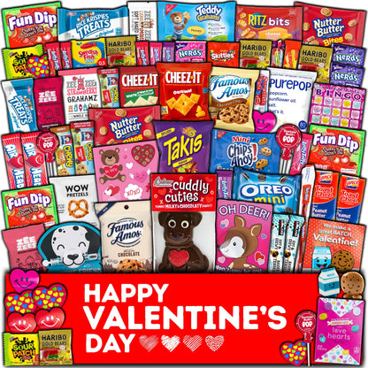 Valentine's Day Gift Care Package (65ct) Snacks Chocolates Candy Box Assortment Variety Bundle Present Kids Adults Boy Girl Guy Friend College Husband Wife Boyfriend Girlfriend Love