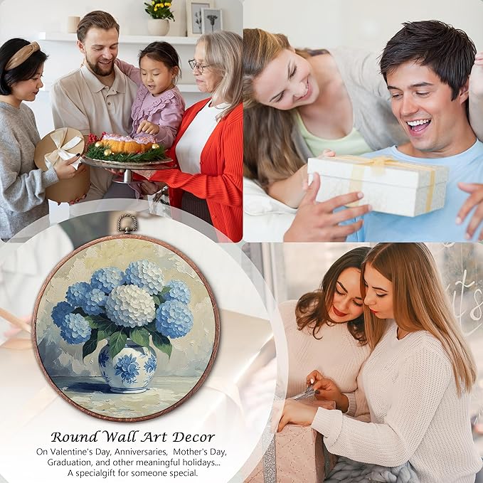 Threegoat Chinoiserie Spring Floral Framed Round Wall Art,Blue and White Hydrangea Flowers Wall Art Decor for Bedroom,Vintage Wall Hanging Decor for Grand Millenial Grandmillennial Home - A08