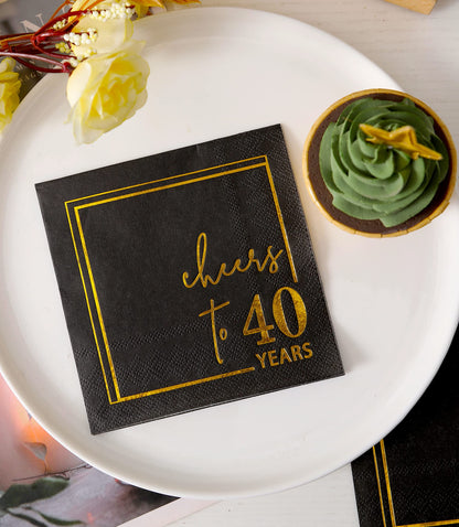 Cheers to Years Cocktail Napkins - 50PK - 3-Ply Birthday Napkins 5x5 Inches Disposable Party Napkins Paper Beverage Napkins for Birthday Decorations Wedding Anniversary Black and Gold (40 Years)