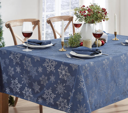 Newbridge Fancy Metallic Snowflake Christmas Fabric Tablecloth, 60 x 84 Inch Rectangle, Navy Silver, No-Iron Soil Resistant Sparkling Snowflakes Woven Holiday Table Cover