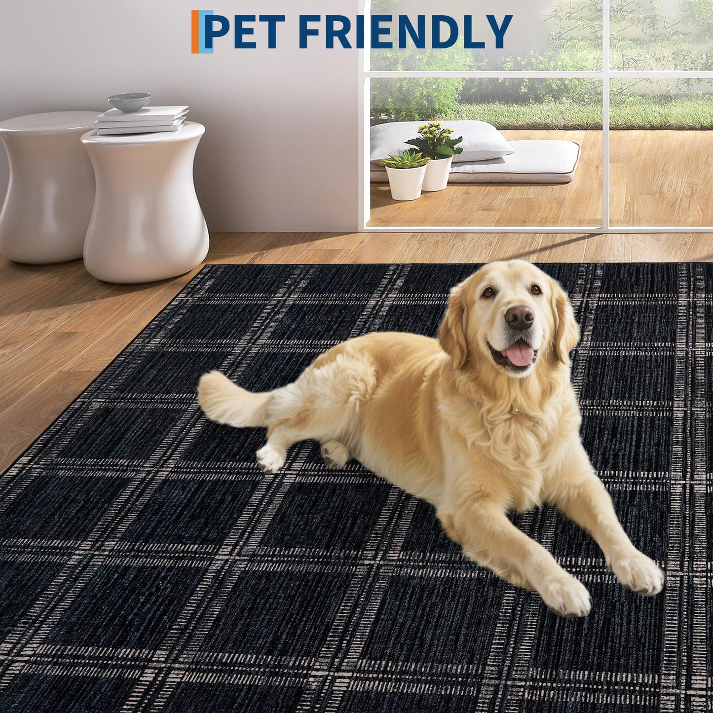 MilleLoom Washable Black Checkered 5x7 Area Rug, Ultra Thin Soft Non Slip Geometric Living Room Bedroom Rugs, Low Pile Stain Resistant Indoor Modern Throw Carpet for Dining Room Office