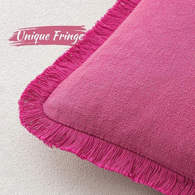 MIULEE Decorative Throw Pillow Covers Neutral Linen Fringe Throw Pillows Set of 2 Hot Pink Boho Farmhouse Cushion Covers with Tassels for Couch Sofa Bed Living Room Spring Home Decor 20x20 Inch