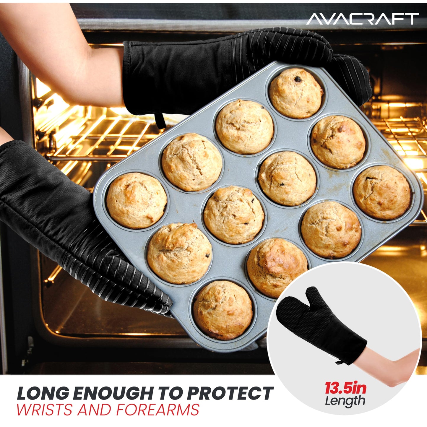 AVACRAFT Oven Mitts Pair, Black - Flexible, 100% Cotton with Unique Heat Resistant Food Grade Silicone, Thick Terry Cloth Interior, 500 F Heat Resistant