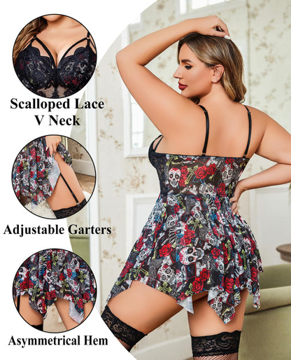Avidlove Lingerie for Women Halloween Outfits Plus Size Babydoll Lace Nightwear Mesh Sleepwear Ghost Face Print Large