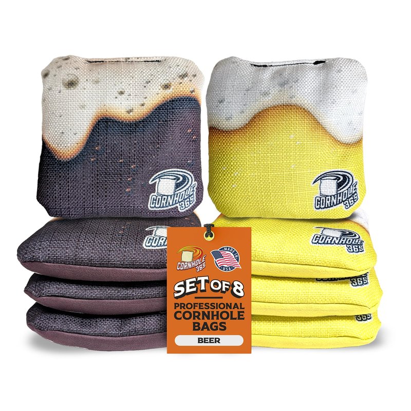 Cornhole365 Stick & Slide - Professional Cornhole Bags - Heavy-Duty Double-Stitched Polyester Fabric & Resin Filling for All-Weather - Regulation Corn Hole Bean Bags - Beer Themed - Set of 8