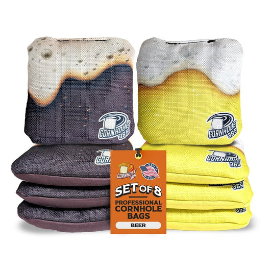Cornhole365 Stick & Slide - Professional Cornhole Bags - Heavy-Duty Double-Stitched Polyester Fabric & Resin Filling for All-Weather - Regulation Corn Hole Bean Bags - Beer Themed - Set of 8