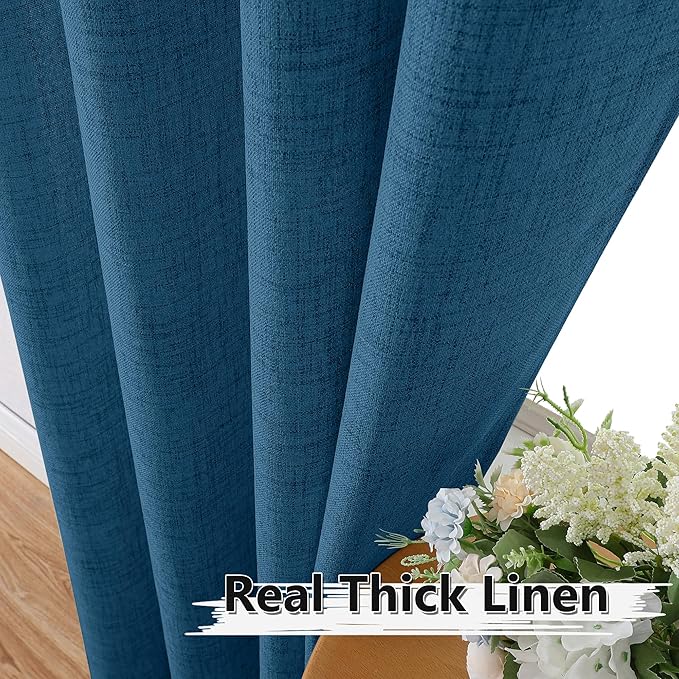 Tollpiz Linen Curtain Bedroom Rod Pocket Semi Sheer Curtains Burlap Light Filtering Thick Linen Drape for Living Room, 54 x 63 inches Long, Classic Blue, Set of 2 Panels