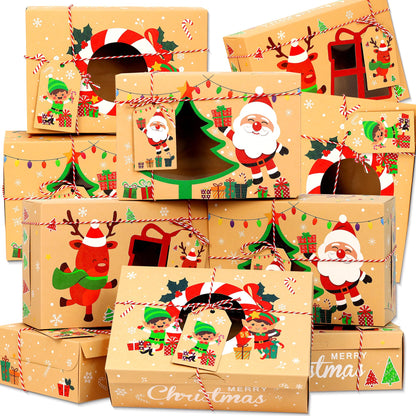 Parma77 12PCS Christmas Cookie Boxes, 8.6" x 5.9" x2.7" Holiday Treat Cookie Tin with Window, Christmas Treat Boxes for Donuts Cupcake Candy Gift Giving