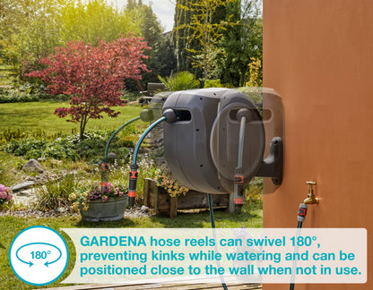 GARDENA 20505, 100' Retractable Garden Hose Reel with US Hose Threads - 100' x 1/2" hose, Automatic Retraction & Length Lock for Easy Watering. Heavy Duty Swivel Bracket 180°, Includes Nozzle.