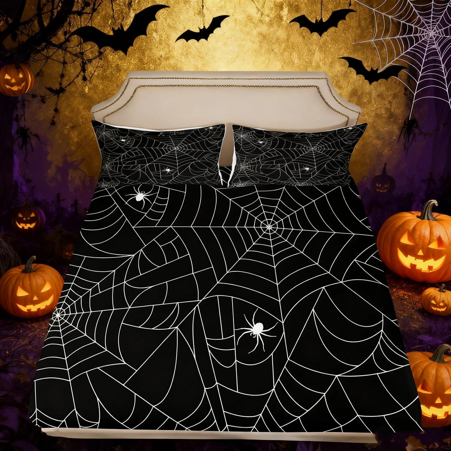 Boys Spider Web Printed Bedding Set for Kids Children Halloween Themed Bed Sheet Set Decorative Scary Spider Pattern Fitted Sheet Black White Animal Theme Bed Cover Full Size 3Pcs