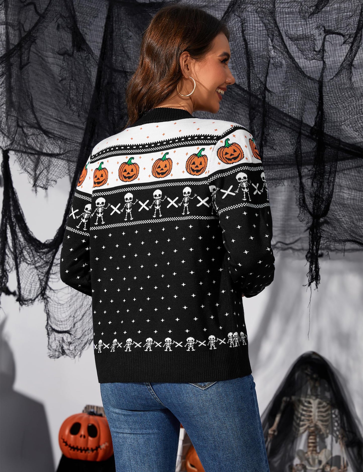 Totatuit Halloween Sweater for Women Pumpkin Zip Up Cardigan Sweaters Long Sleeve Knitted Lightweight Jacket Halloween Black Medium