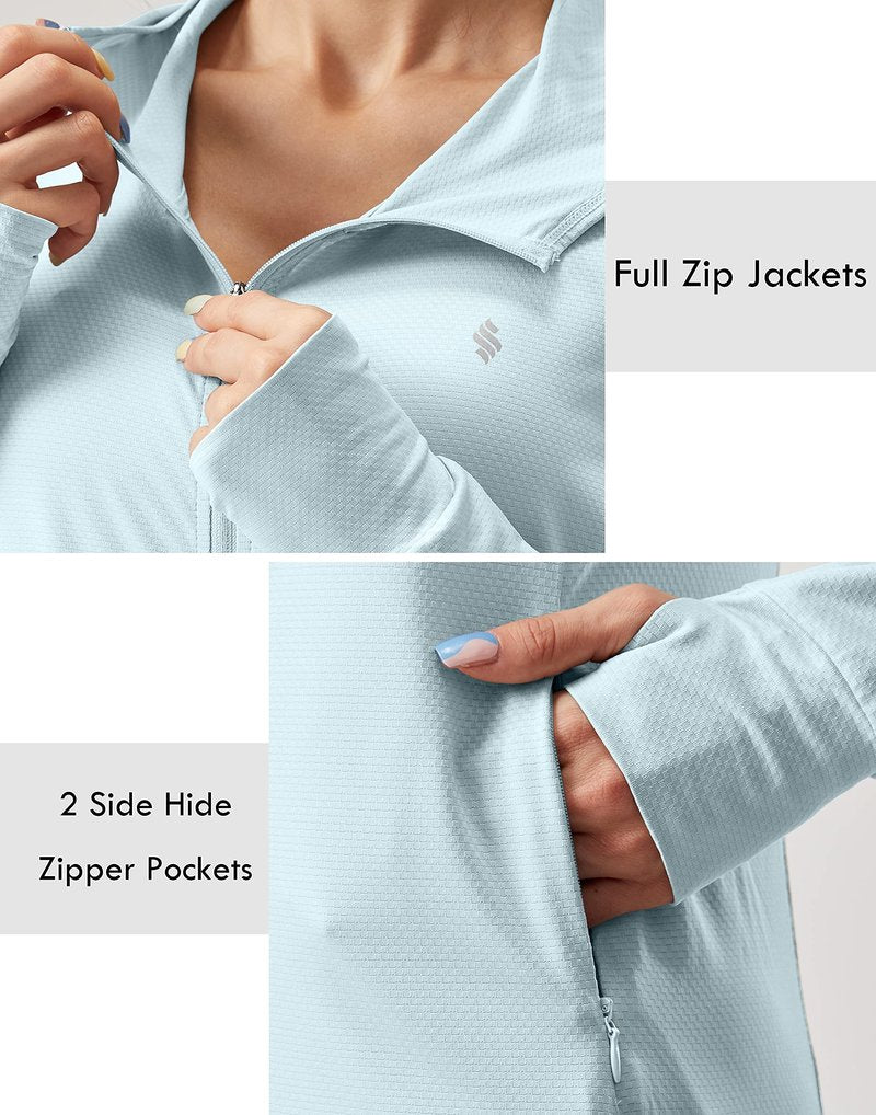 Soothfeel Women's UPF 50+ Sun Protection Hoodie Jacket Lightweight Long Sleeve Sun Shirt for Women with Pocket Hiking Outdoor Light Blue 3XL