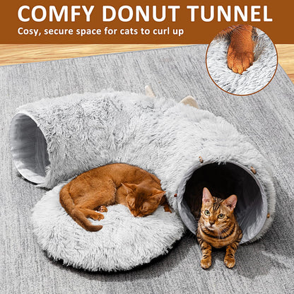 Cat Tunnel with Cat Bed for Indoor Cats, Under Christmas Tree Soft Plush Peekaboo Cat Cave Donut Tunnel, Multifunctional Playground Toys Hideplace for Kittens, Rabbit, Ferret (Grey)