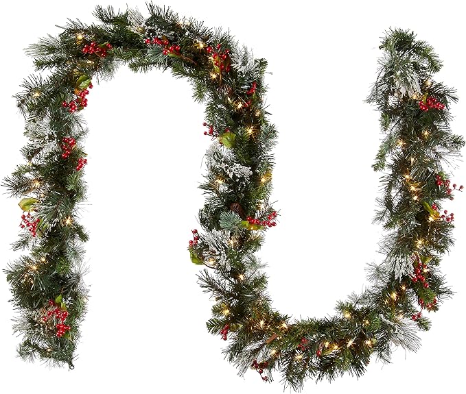 National Tree Company Pre-Lit Artificial Christmas Garland, Green, Wintry Pine, White Lights, Decorated with Pine Cones, Berry Clusters, Plug In, Christmas Collection, 9 Feet