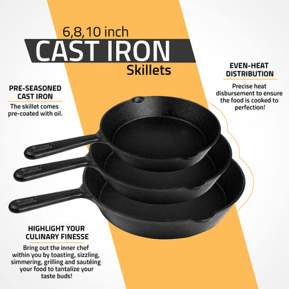 Utopia Kitchen Cast iron Skillets 3 Piece Set, Chefs Pan, Pre Seasoned Cast iron Skillets, 6, 8 & 10 Inches, Easy Use in the Oven, Stove, Grill, or Campfire, Black