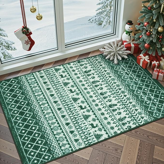 2025 Christmas Rugs for Entryway, 2x3 Washable Door Mat Indoor Entrance, Low Pile Soft Non Slip Green Kitchen Rug, Xmas Holiday Decor Floor Carpet for Bedroom Bathroom Laundry Bedside Sink