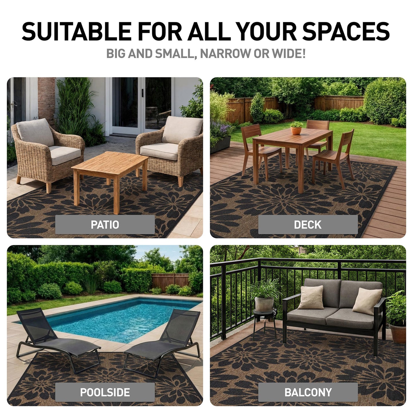 Rugshop Floral Indoor Outdoor Flat Woven Area Rug,Natural Jute-Style,Easy-Care Patio Rug for Backyard Porch Deck Balcony, 5' x 7' Dark Gray/Natural