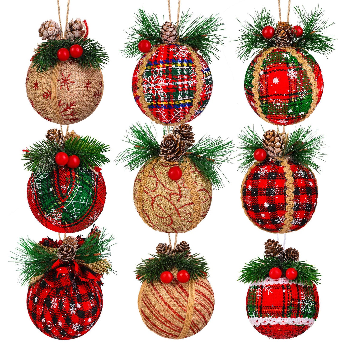 Elcoho 9 Pieces Rustic Christmas Tree Hanging Baubles - Shatterproof Ornaments for Decorations