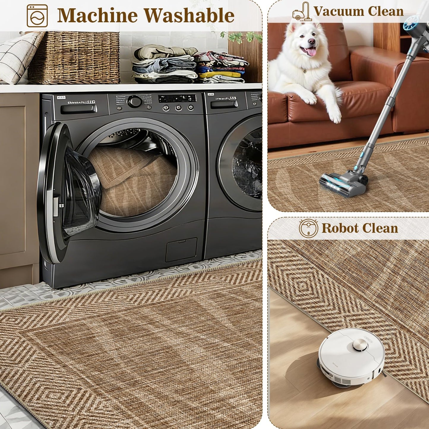 Jute Rug 5x7 Outdoor Patio Rug with Border, Washable Rugs for Living Room, Farmhouse Non Slip Area Rugs with Rubber Backing Indoor Outdoor, Non Shedding Carpet for Bedroom, Courtyard, Light Brown