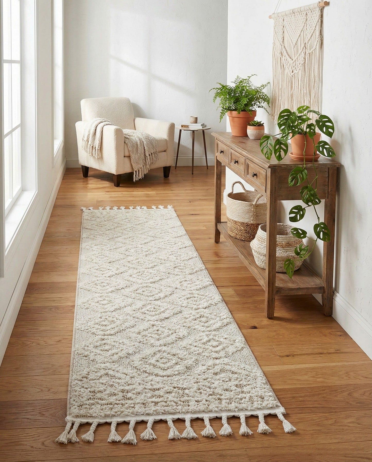 Rugs.com - Boho Rug – 8 Ft Runner Ivory Easy-Clean Stain-Resistant Rug – Textured Trellis Pattern with Fringe, Ideal for Hallways, Entryways, and High-Traffic Areas