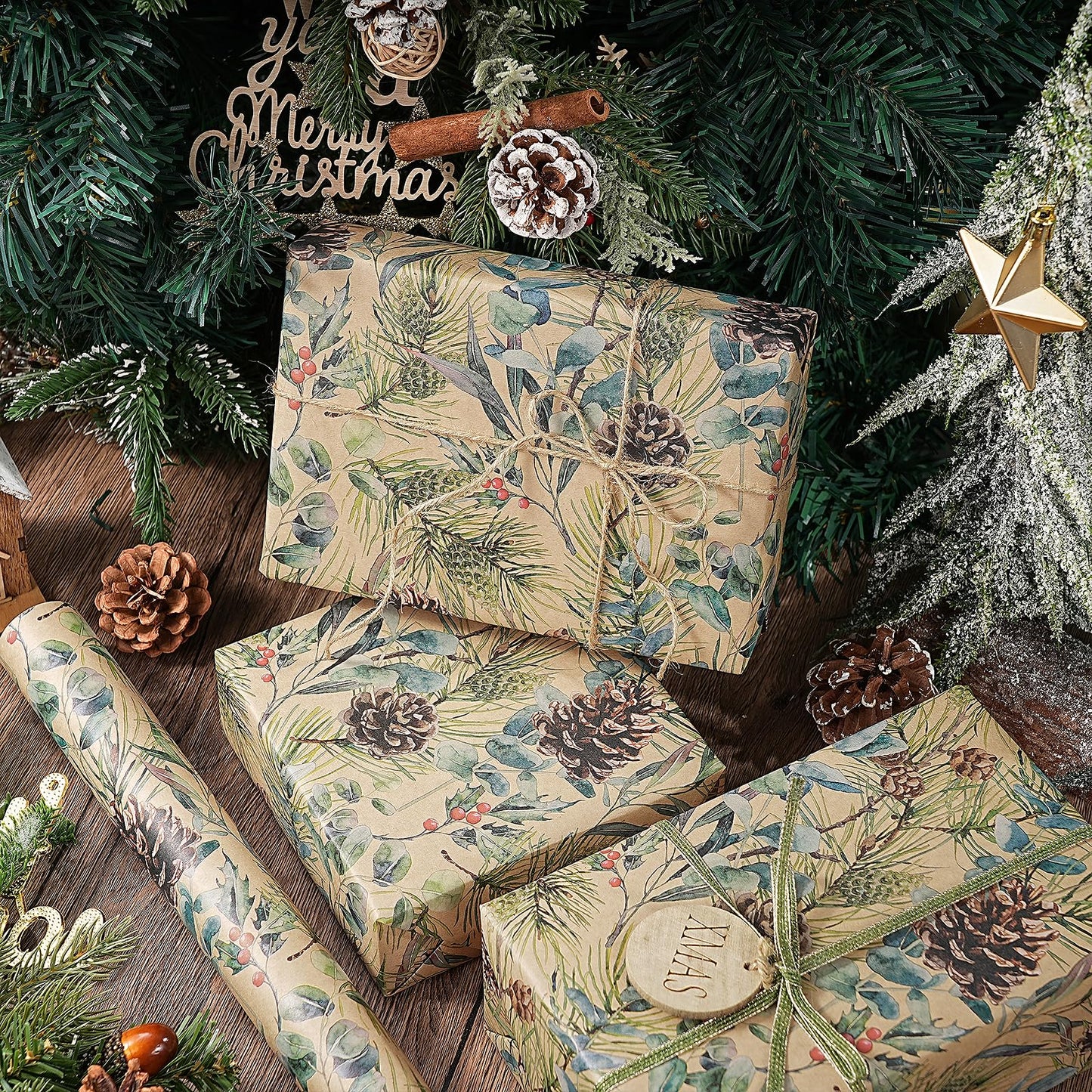 RUSPEPA Kraft Christmas Wrapping Paper Roll, Mini Roll, Watercolor Pinecone and Eucalyptus Leaf Design, Kraft Gift Wrap for Christmas, Winter Holiday Party, Rustic Natural Theme, 17 Inches x 16.4 Feet