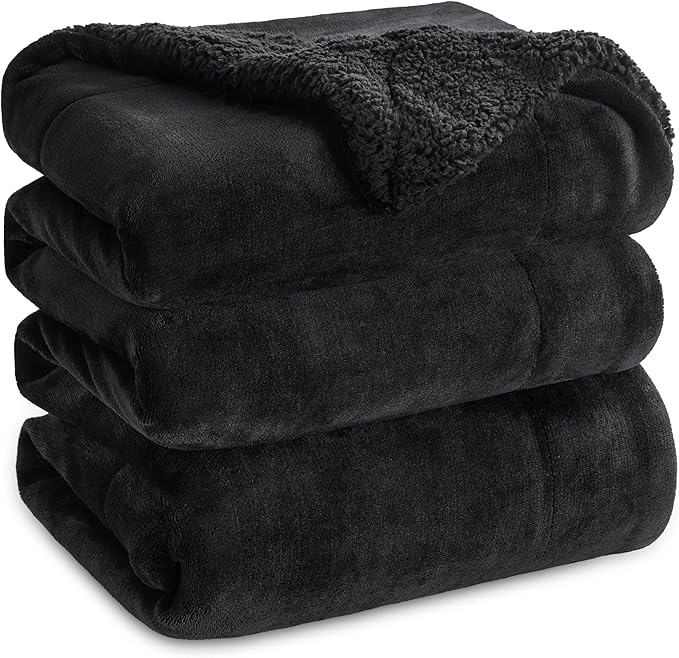 Bedsure GentleSoft Sherpa Fleece Blankets Queen Size for Bed - Thick and Warm Throw for Men, Soft Fuzzy Plush Queen Blanket for Winter, Black, 90x90 Inches