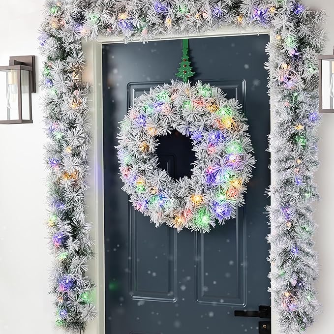Glitzhome Pre-Lit Christmas Wreath with Lights for Front Door Wall Window Xmas Decor, Snow Flocked 24" D