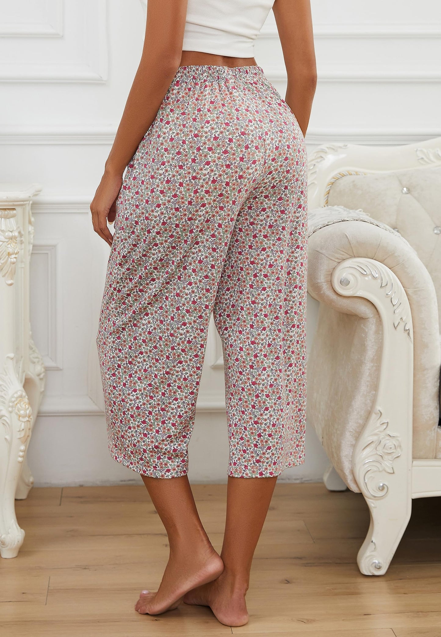 Kabento 2 Pack Womens Pajama Pants Capri Sleep Lounge Pants Drawstring Pj Bottoms with Pockets, Grey & Flowers, Large