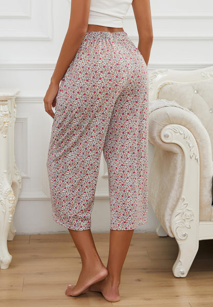Kabento 2 Pack Womens Pajama Pants Capri Sleep Lounge Pants Drawstring Pj Bottoms with Pockets, Grey & Flowers, Large
