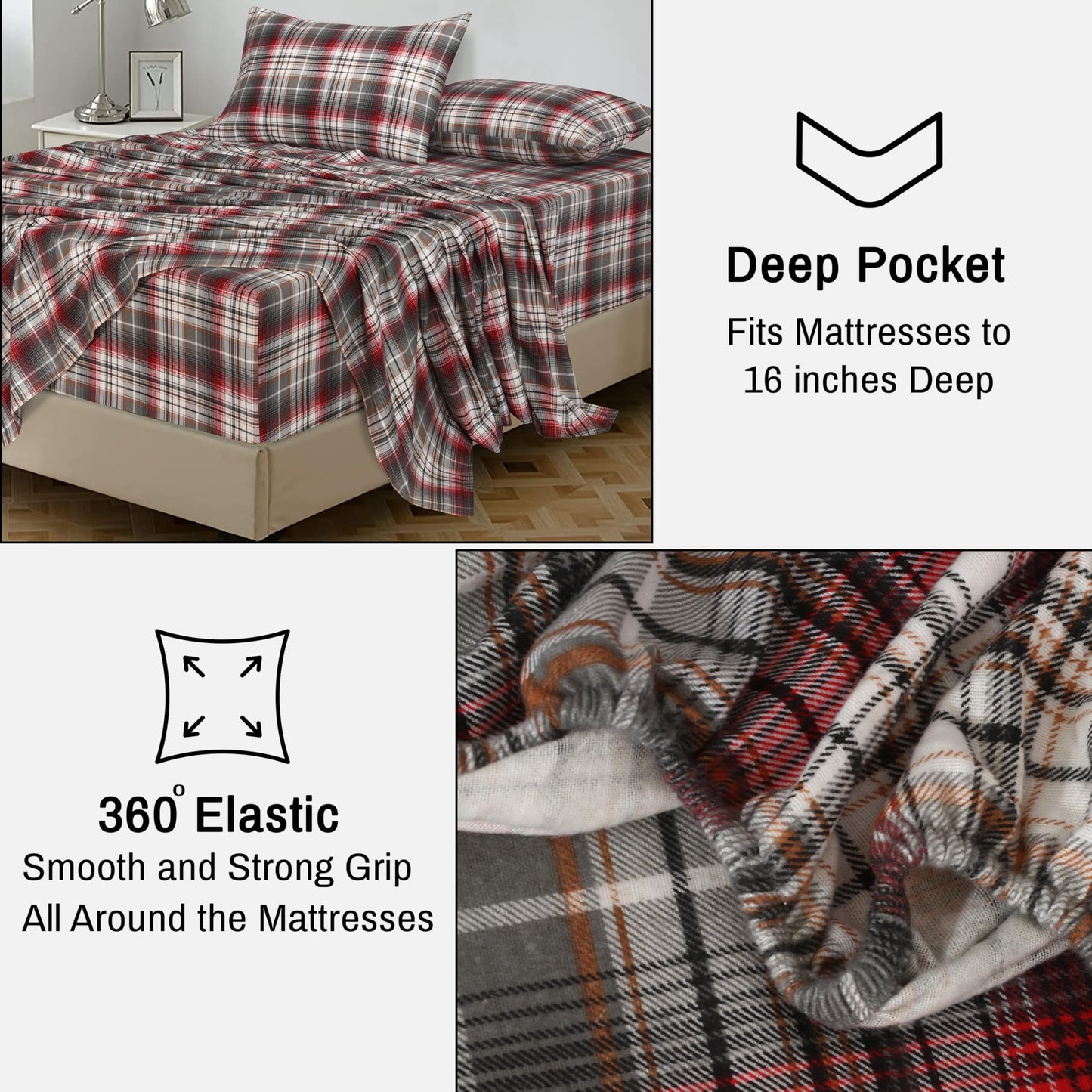 RUVANTI Flannel Sheets King Size - 100% Cotton Brushed King Size Sheets Set - Deep Pockets 16 Inches Bed Sheets - All Seasons Breathable & Extra Soft - Warm & Cozy, 4 Piece, Halloween Check