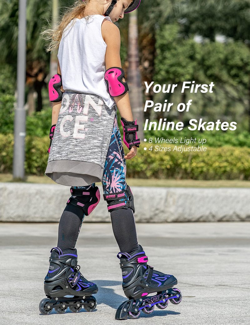 2PM SPORTS Vinal Girls and Boys Adjustable Flashing Inline Skates, All Wheels Light Up, Fun Illuminating for Kids and Women - Violet S